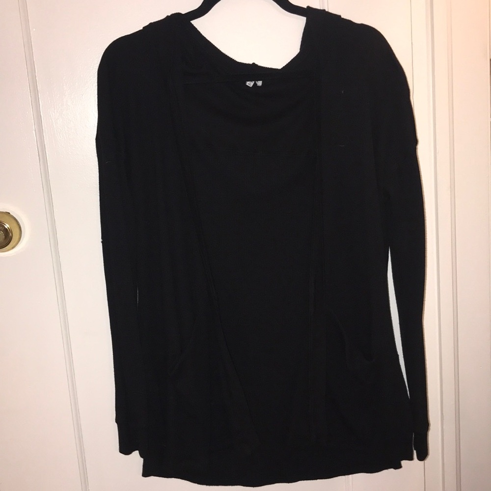 Black waffle cardigan with hood and pockets